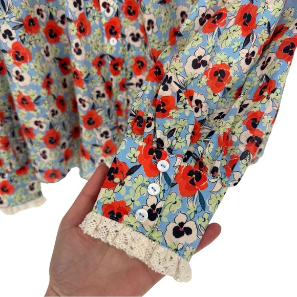 Rixo Misha Floral Print Cotton Blouse Blue Multicolor Peter Pan Collar Small - Picture 7 of 12